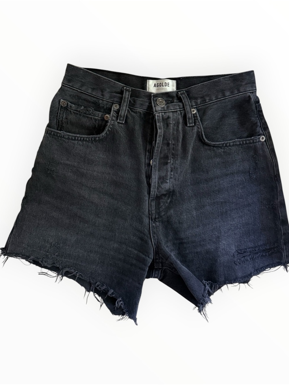 Agolde Riley Short Black Raw-Hem High-Rise Denim Shorts Womens 26